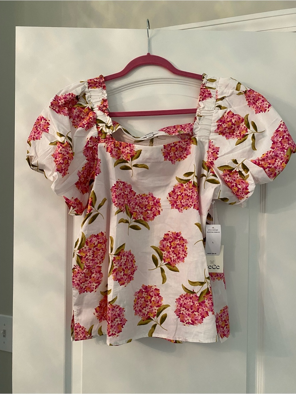 CeCe White Floral Puff Sleeve Square Neck Top